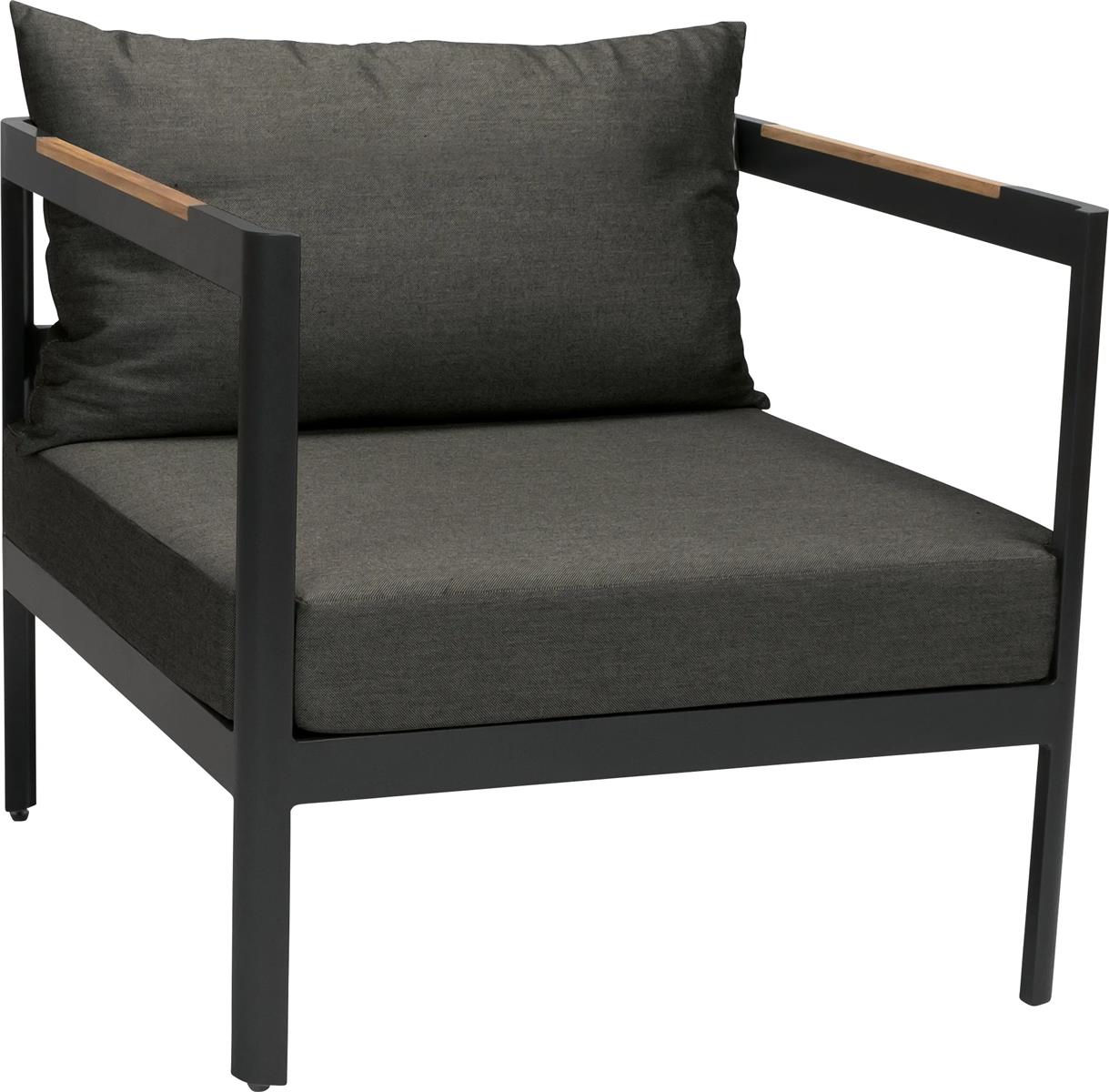 Stern Sessel Viggo Aluminium schwarz matt, Kissen 100% Polyacryl seidenschwarz, Armlehnen Teak FSC-zertifiziert