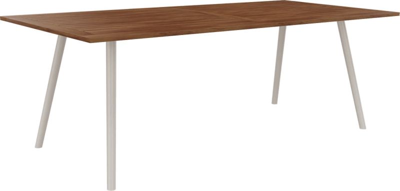 Stern Tisch 220x100 cm Rundrohr konisch Aluminium greige Tischplatte Teak
