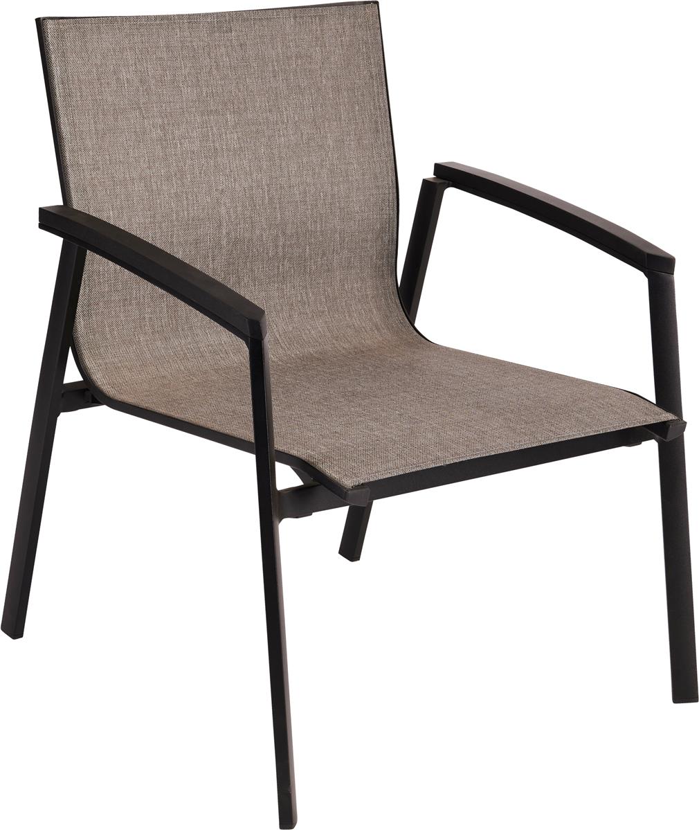 Stern Lounge-Stapelsessel New Top Aluminium schwarz matt Textilen Leinen grau/Teakarmlehnen