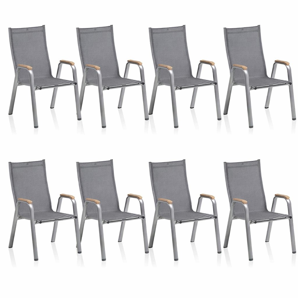 8x KETTLER CIRRUS Stapelsessel m. Teak- Armlehne kurz Silber/Anthrazit-Grau