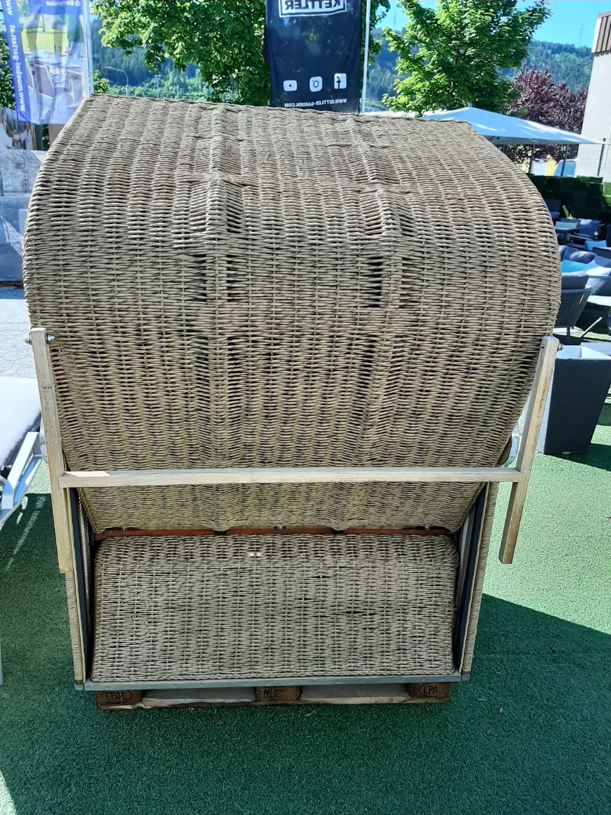 Gartenstrandkorb "Classic Teak" 2-Sitzer, Halblieger Kunststoffgeflecht in Hyazinthoptik