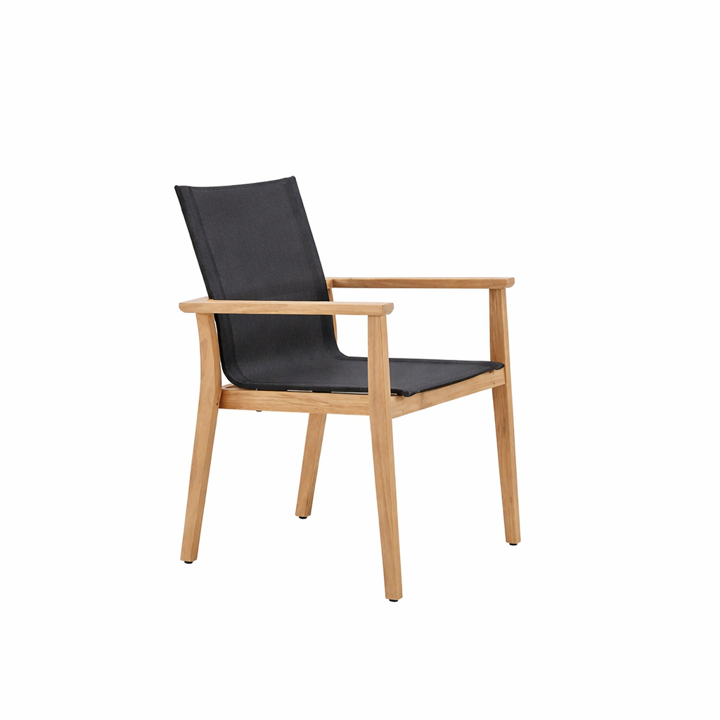 ARCO Lugano Stapelstuhl mit Armlehne Teakholz Textilene anthrazit PVC Sunbrella