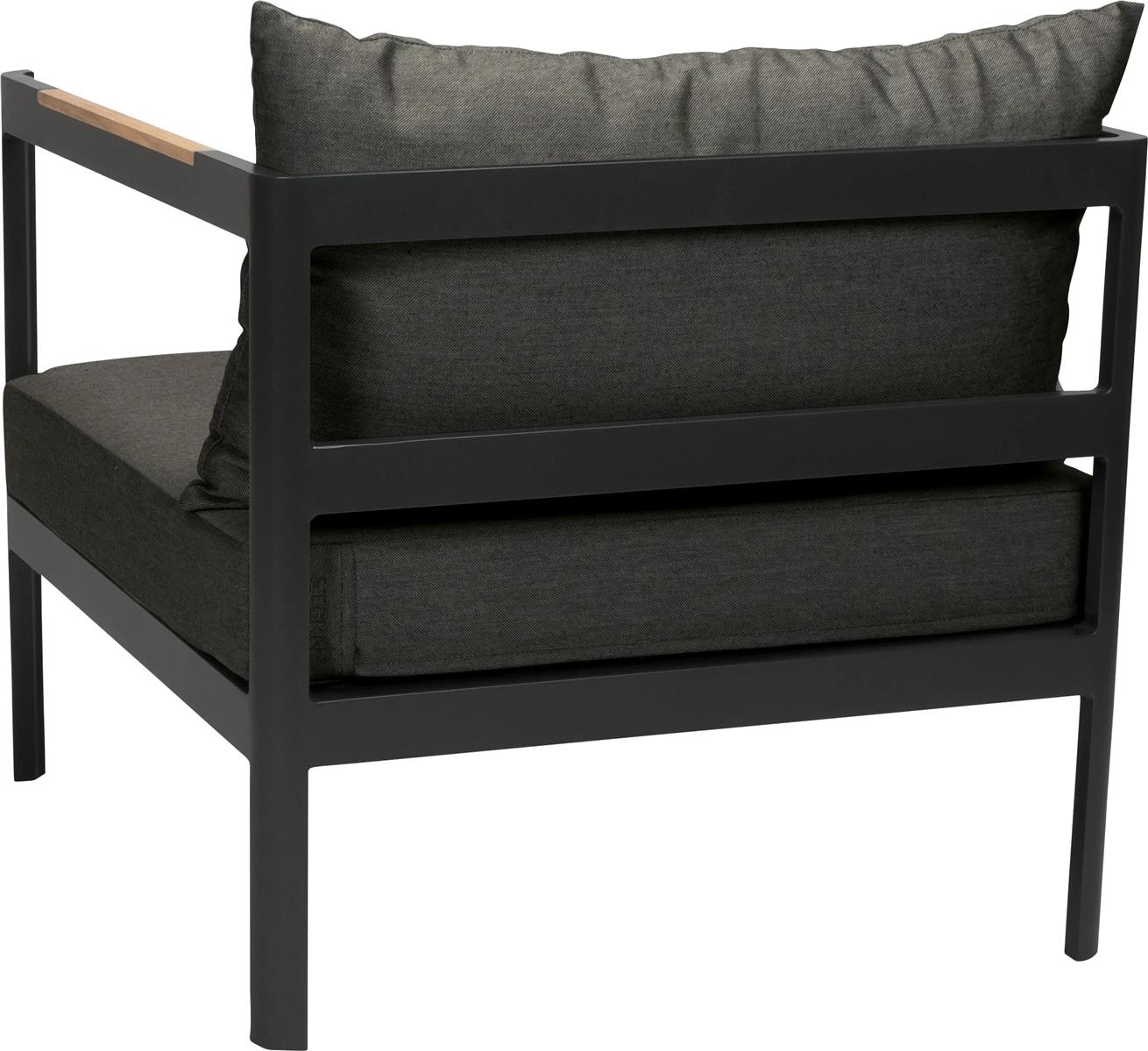 Stern Sessel Viggo Aluminium schwarz matt, Kissen 100% Polyacryl seidenschwarz, Armlehnen Teak FSC-zertifiziert