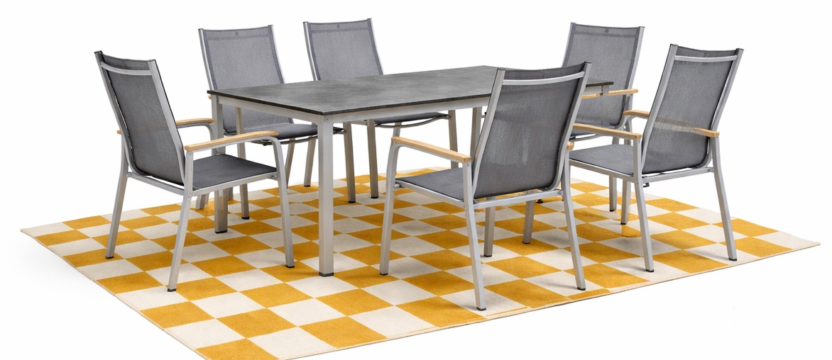 Kettler CIRRUS Silver-Line Tischgruppe 9 teilig inkl. Teppich und Keramikplatte Teakholz lang gelb