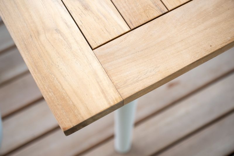 Stern Tisch 220x100 cm Rundrohr konisch Aluminium greige Tischplatte Teak