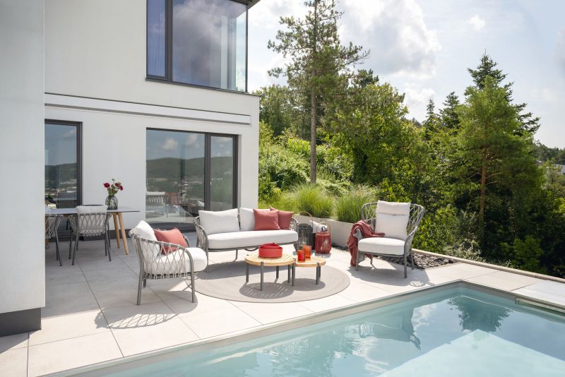 Stern Sessel Klea Lounge Aluminium anthrazit Kordel Stone Kissenset 100% Polyacryl perlgrau