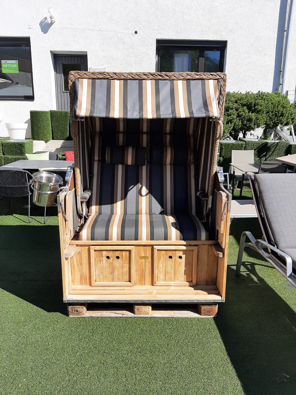 Gartenstrandkorb "Classic Teak" 2-Sitzer, Halblieger Kunststoffgeflecht in Hyazinthoptik