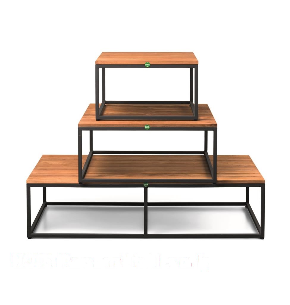 SUNS Alta Beistelltische-Set 60x60 / 80x80 MRG-Gestell schwarz Tischplatte Teak natur