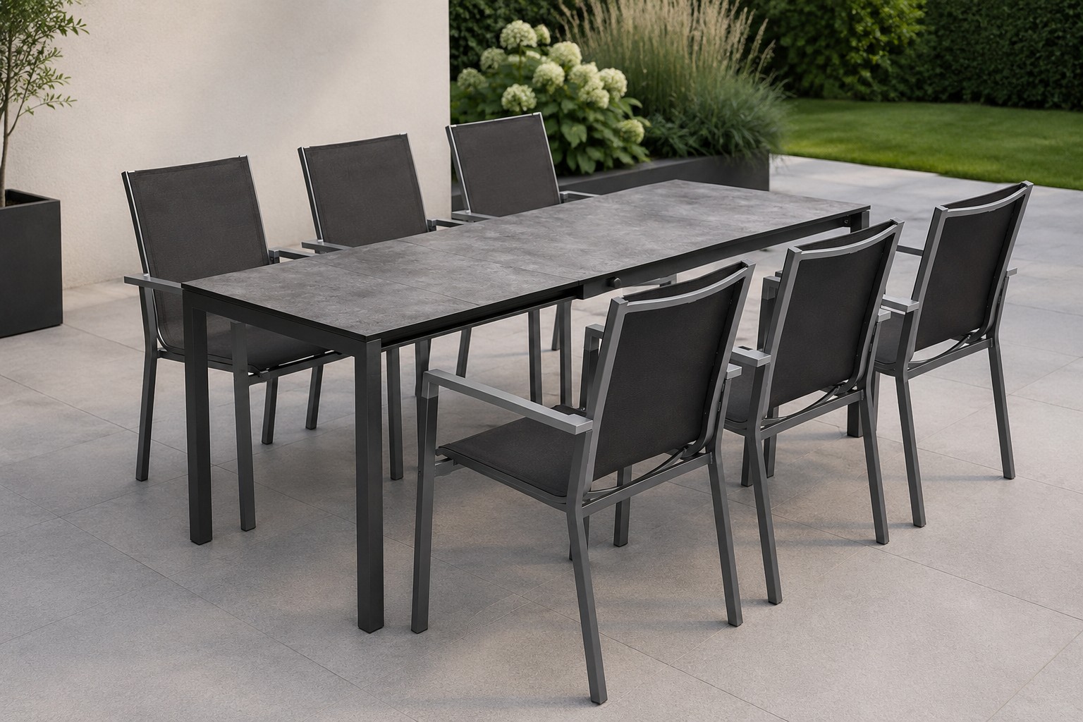 Kettler CUBIC HPL- Ausziehtisch 140/210x70 mit 6 Rasmus Stapelstuhl anthrazit