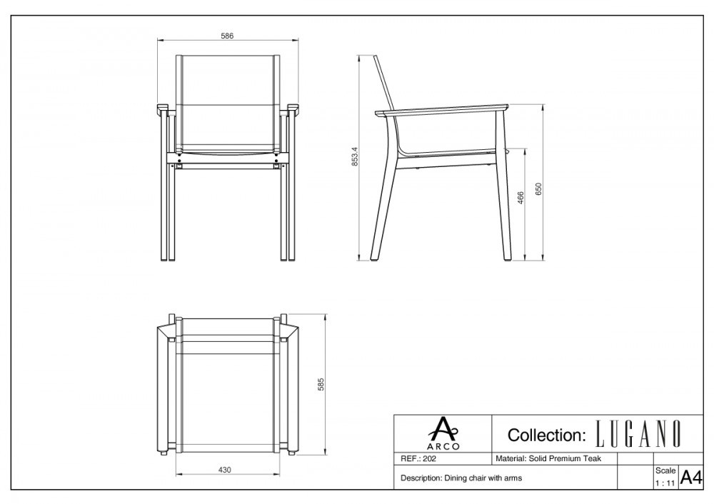 ARCO Lugano Stapelstuhl mit Armlehne Teakholz Textilene anthrazit PVC Sunbrella